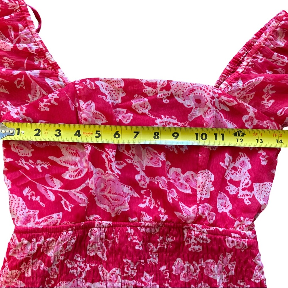 Hot‎ Pink Floral Smocked Mini Dress Puff Sleeve Cottagecore Romantic Size S - Picture 5 of 6